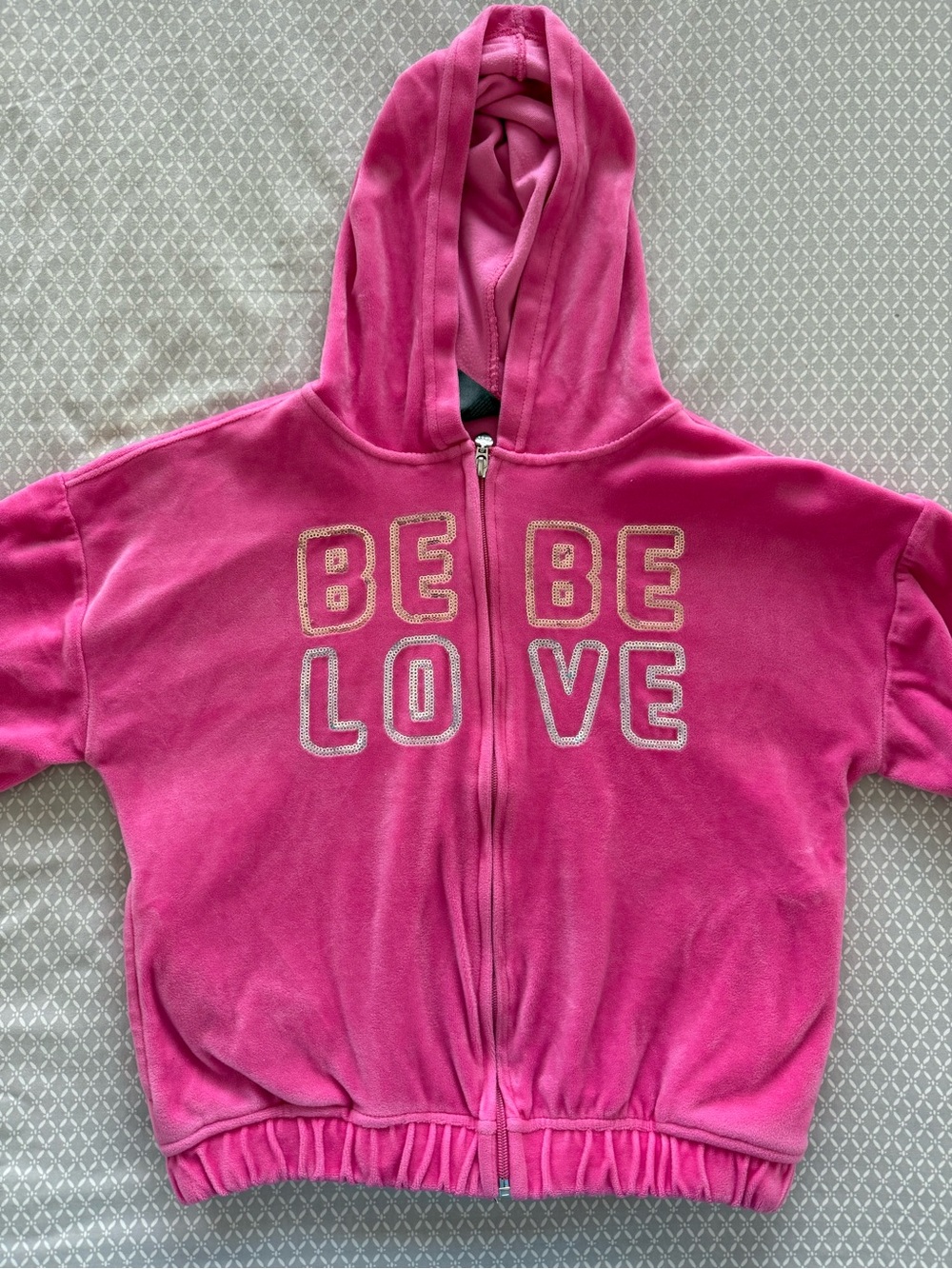 Vintage BeBe Pink Velour Full-Zip Hoodie "BE BE LOVE" Rhinestone Logo Size M